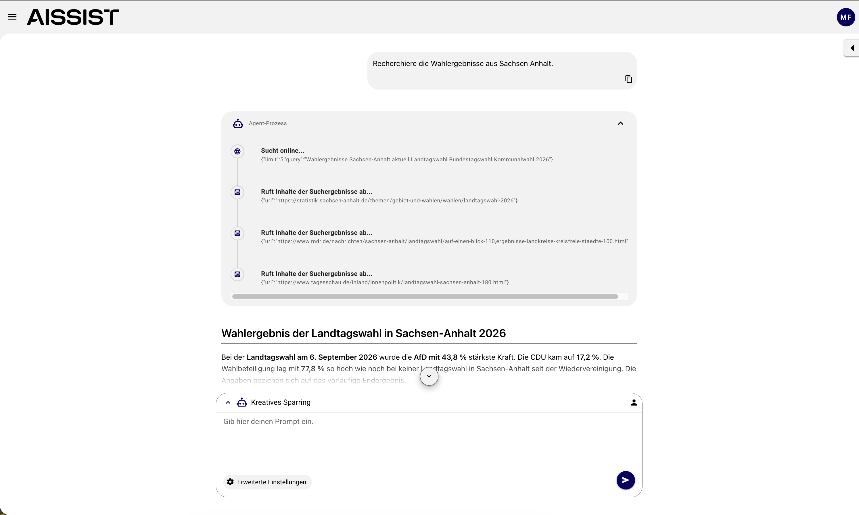 Agent-Prozess mit Websuche und Abrufen der Suchergebnisse