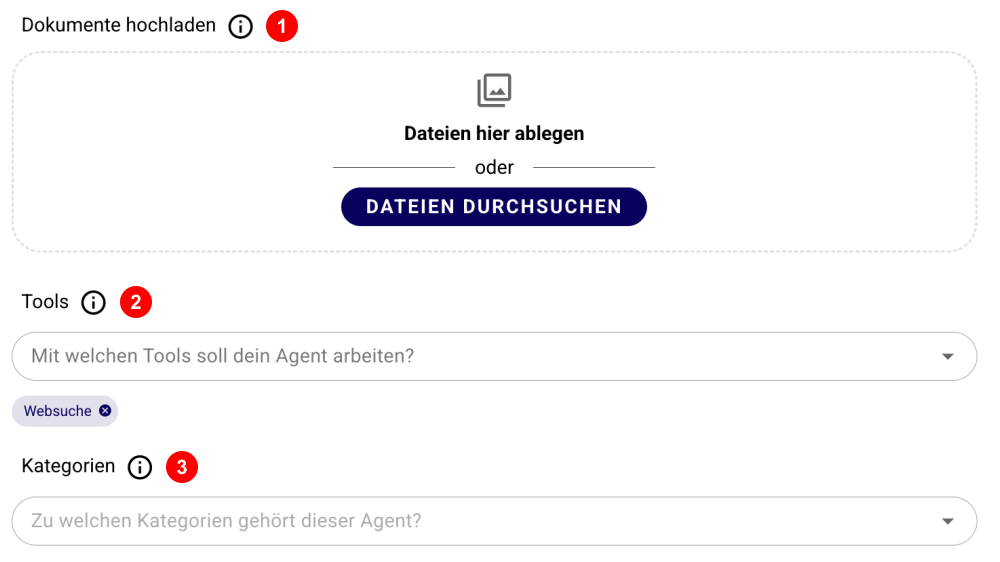 Wissensbasis mit Dokumenten-Upload, Tools und Kategorien