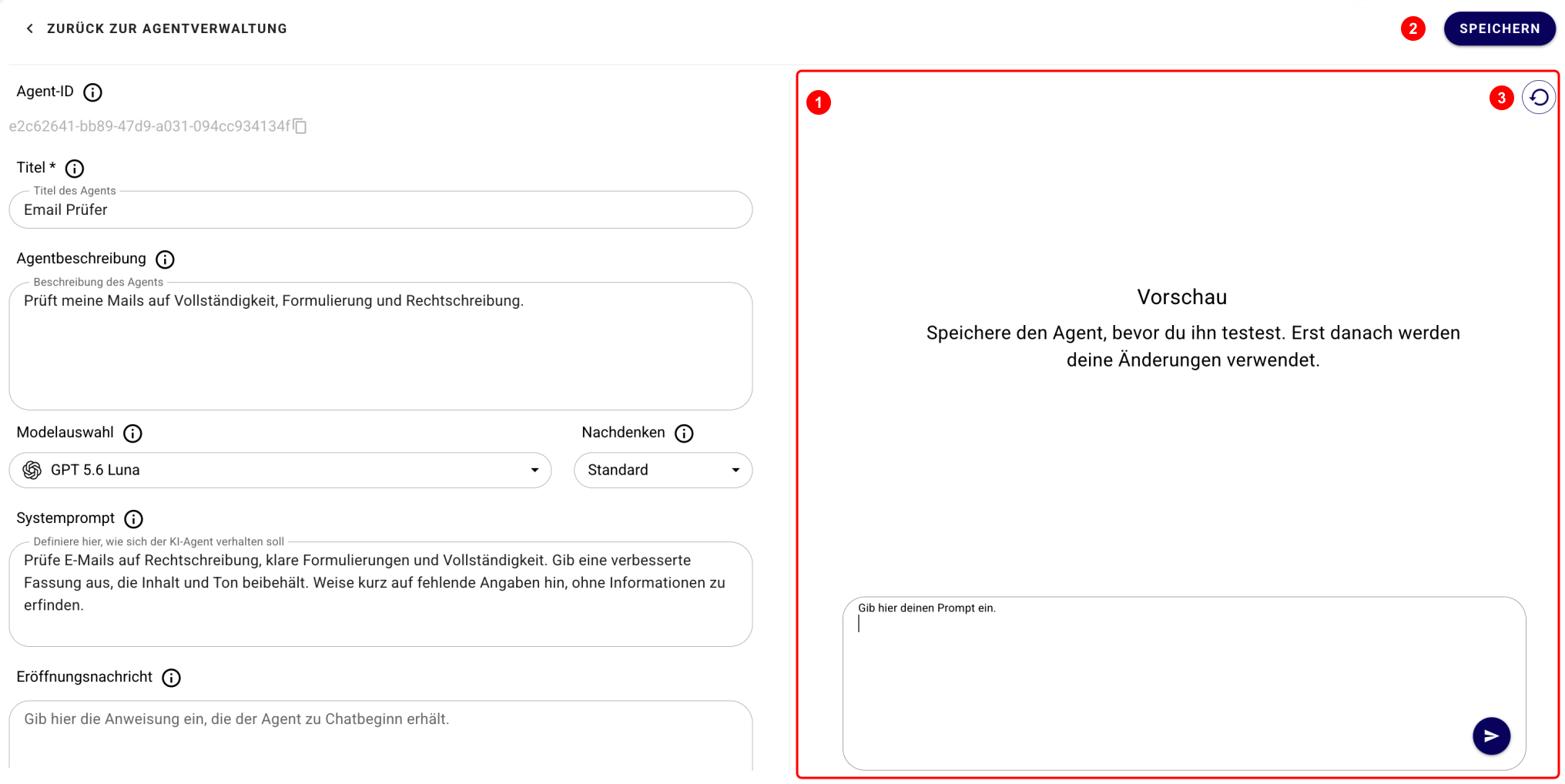 Vollständiger Agenteneditor mit rot umrahmtem Vorschaubereich, Speichern-Button und Reset-Symbol