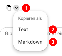 Kopiermenü einer Modellantwort mit Text und Markdown