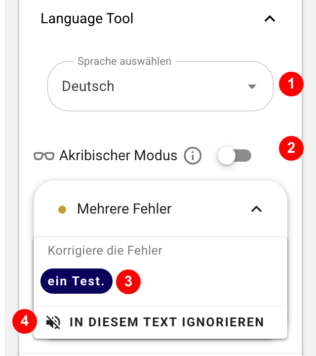 LanguageTool-Panel mit Sprache, Akribischem Modus, Korrekturvorschlag und Ignorieren-Aktion