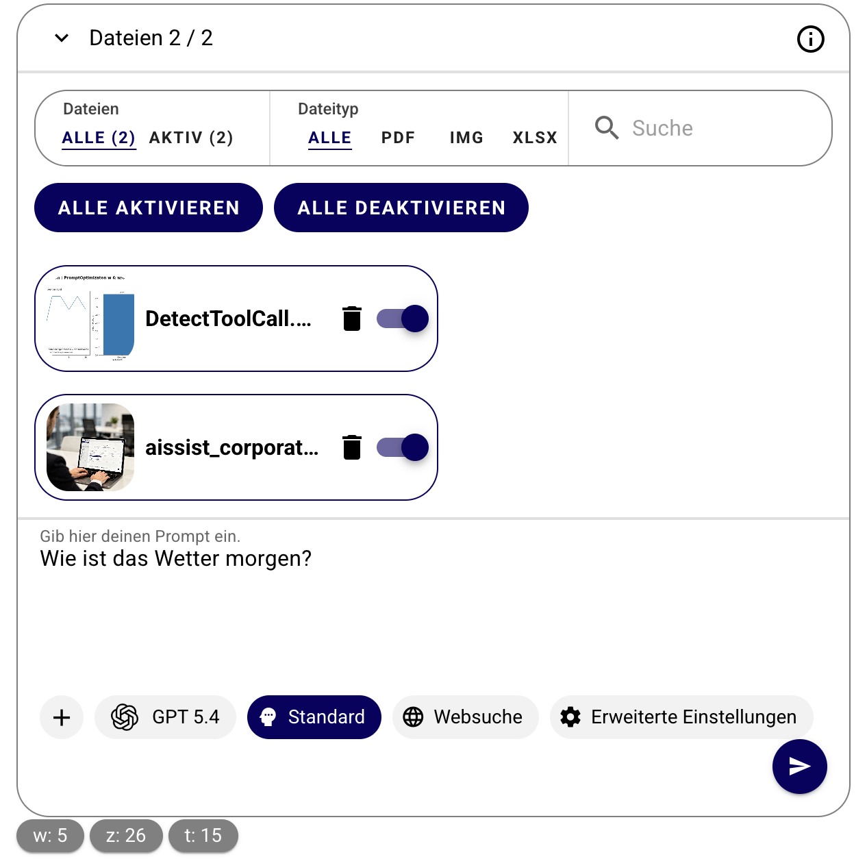 Dateiquellen im Freitext-Chat – Quellen hinzufügen und ein-/ausschalten