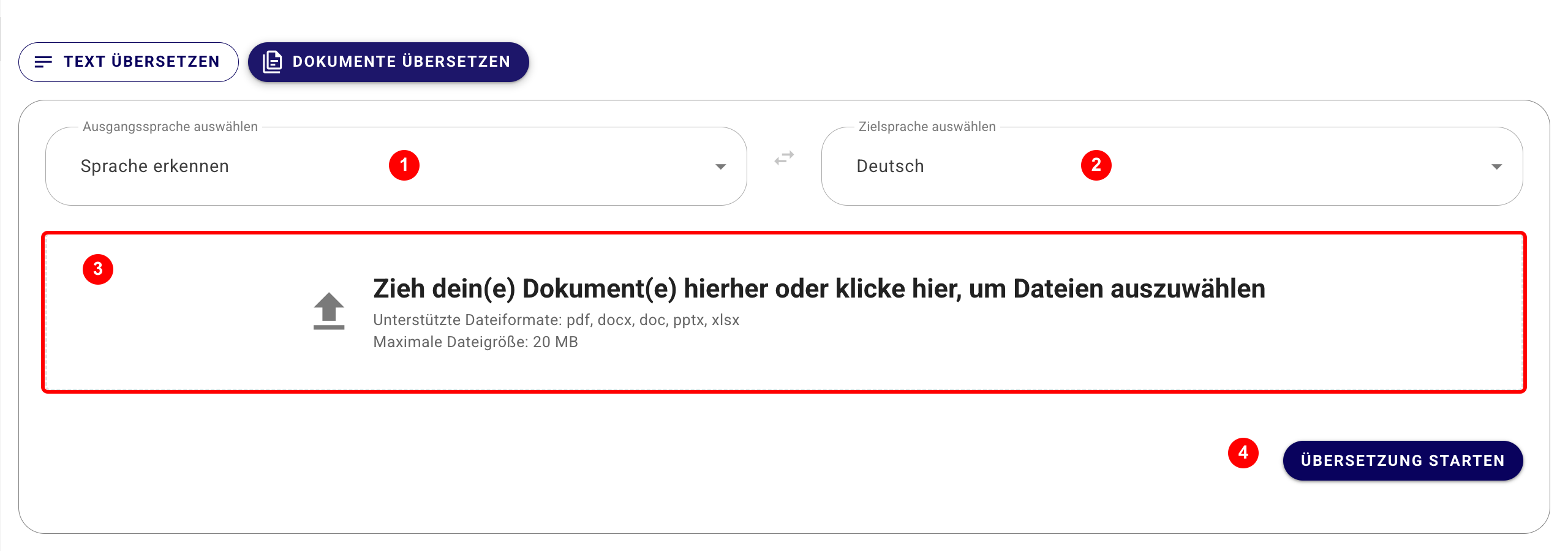 Dokumentübersetzung mit Sprachauswahl, Upload-Bereich und Start-Schaltfläche