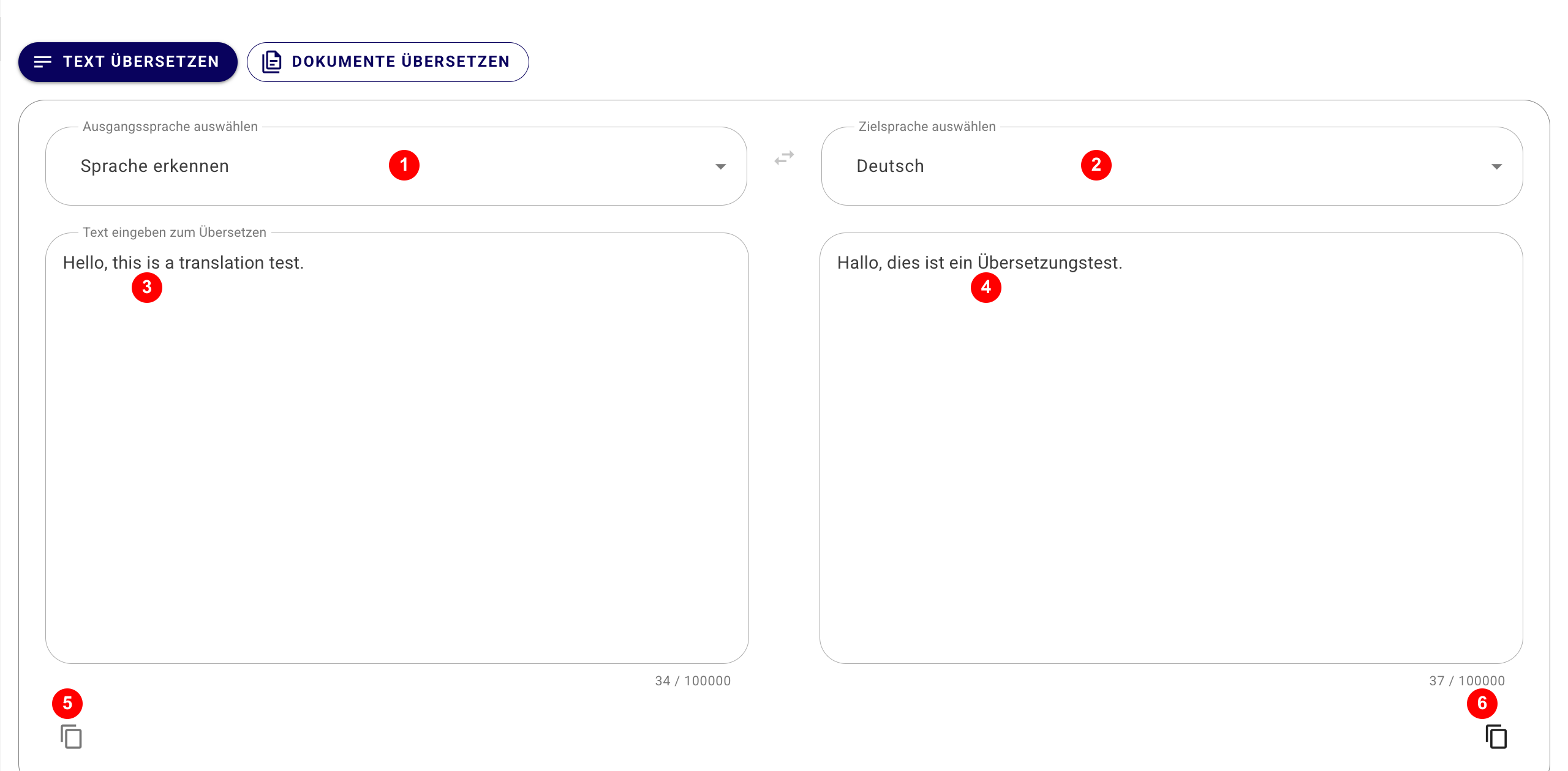 Textübersetzung mit Ausgangs- und Zielsprache, Eingabefeldern und Kopieren-Buttons